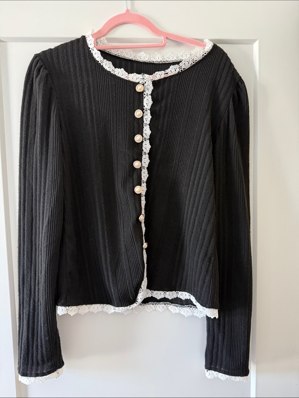 Black Lace-Trim Ribbed Button-Up Cardigan